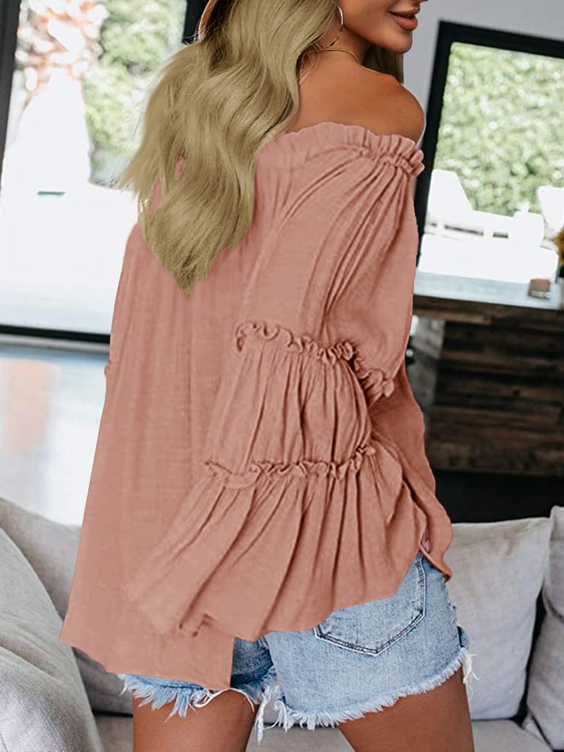 Farktop Womens Off The Shoulder Long Bell Sleeve Tops Flared Casual Loose Blouse (Pink Orange, XX-Large) - Image 3